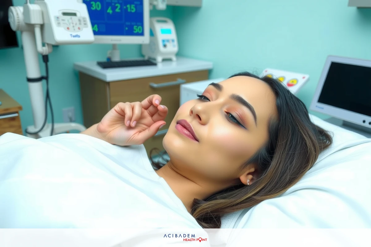 The image shows a woman lying on her stomach in what appears to be a hospital setting. Her hands are placed near her head and she has her eyes closed as if resting or possibly feeling unwell. There are medical devices around her, such as monitors, that indicate she might be receiving healthcare services.