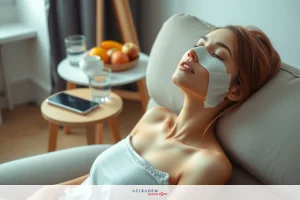 A woman lying on her back in a relaxed pose, with white sheets. Her eyes are closed and she appears to be resting or sleeping. On her face, there is a white bandage. The room has a cozy vibe with wooden furniture.