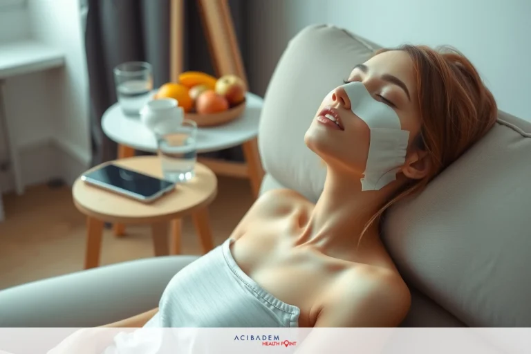 A woman lying on her back in a relaxed pose, with white sheets. Her eyes are closed and she appears to be resting or sleeping. On her face, there is a white bandage. The room has a cozy vibe with wooden furniture.