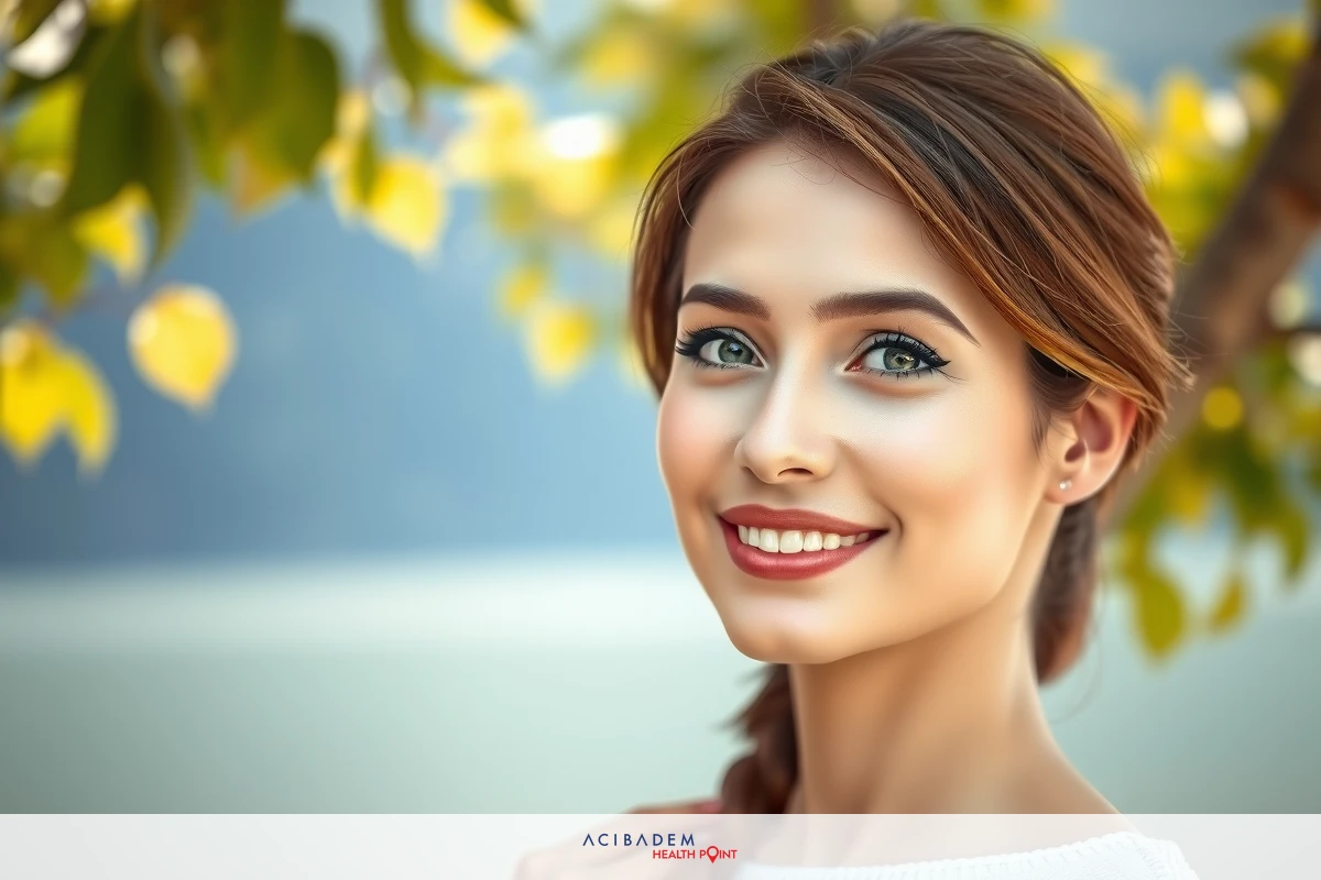 A young woman with makeup on smiling at the camera. She is wearing a white top and her hand is in front of her chest, possibly resting on her shoulder. The background features blurred trees suggesting an outdoor setting near water, possibly a lake or pond.