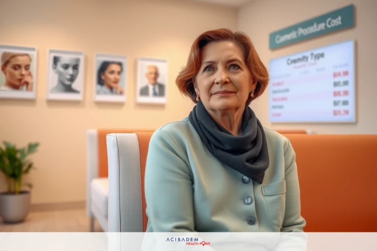 What Do People Pay for Rhinoplasty in NYC? A middle-aged woman sitting in a modern salon chair with a receptionist area behind her, smiling at the camera. The environment suggests a professional, contemporary setting with sleek furniture and lighting.