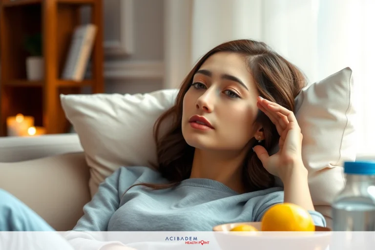 How to Reduce Tip Swelling Rhinoplasty The image features a woman sitting on a couch in a room with soft lighting. She is wearing a gray long-sleeved top and has a contemplative expression, her hand supporting her head as she looks off to the side. There's a bowl of fruit next to her, including lemons, oranges, and an apple. The setting appears cozy and serene.