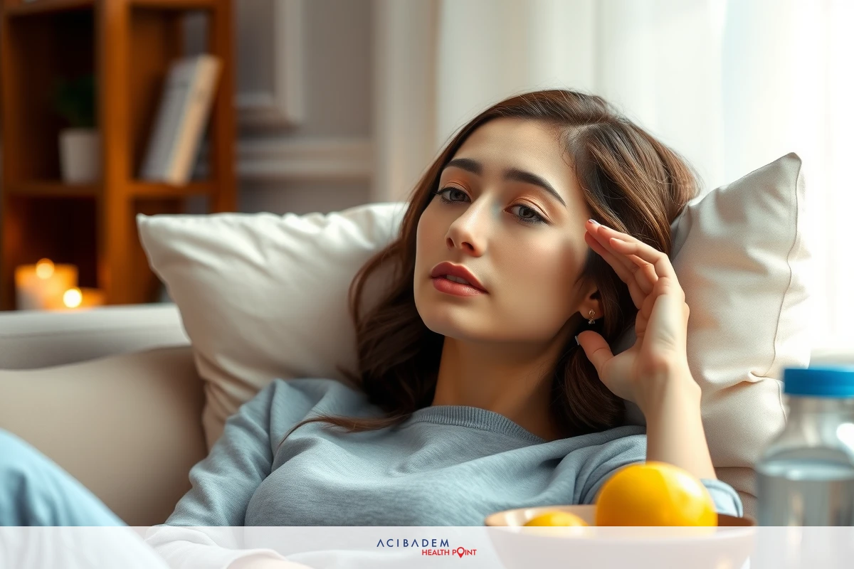 The image features a woman sitting on a couch in a room with soft lighting. She is wearing a gray long-sleeved top and has a contemplative expression, her hand supporting her head as she looks off to the side. There's a bowl of fruit next to her, including lemons, oranges, and an apple. The setting appears cozy and serene.