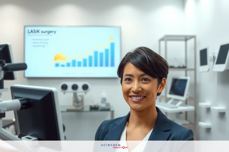 How Much Is LASIK Eye Surgery The image features a woman, presumably a business professional or manager, standing in front of a presentation screen with a chart and graph depicting data and growth trends.