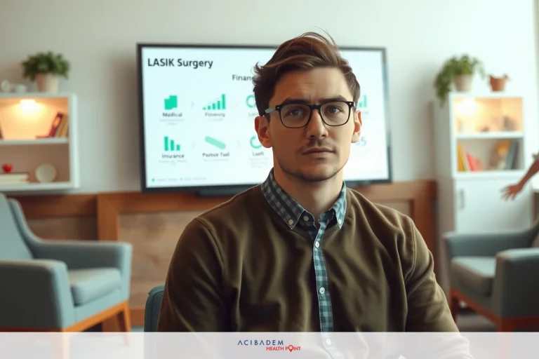 How Much Does LASIK Eye Surgery Cost A young man is seated in a modern office environment, wearing glasses and a sweater with a collared shirt underneath. He appears to be in front of a presentation screen displaying various charts and graphs.