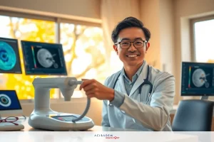 The image shows a young Asian male wearing glasses and a medical coat, sitting at a desk with multiple computer screens displaying what appears to be medical scans.