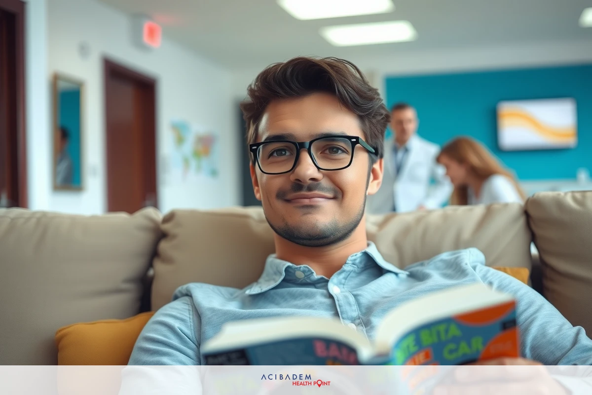 A man is comfortably seated on a couch, reading a book with an interesting cover. He's in an indoor setting, possibly a waiting area or lounge space. The environment suggests a relaxed atmosphere, as indicated by the casual attire of the man and the informal furnishings around him.