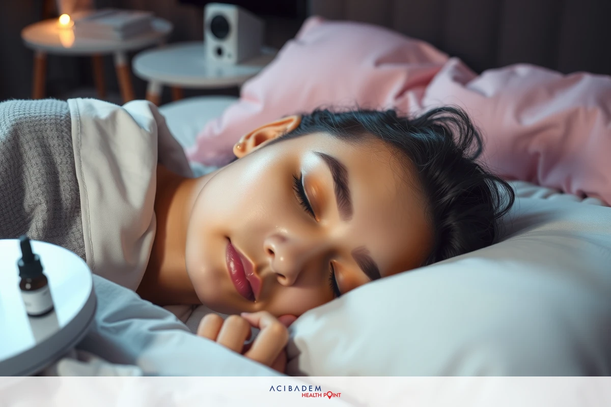 Sleeping woman with peaceful expression on her face. White bedding and soft, calming colors contribute to a serene atmosphere.