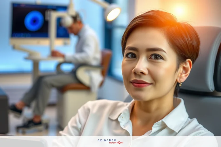 In the image, there is a medical office setting with modern equipment. On the left, a doctor is seated at a chair, wearing professional attire and using a computer interface that has a screen displaying data. In the center, a female patient sits comfortably in a reclining medical chair.