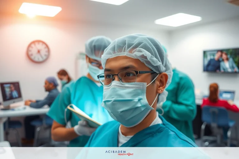 Medical staff in operating room. The man in front is wearing a medical mask and has glasses. Behind him, there are other surgeons, all wearing similar protective gear.
