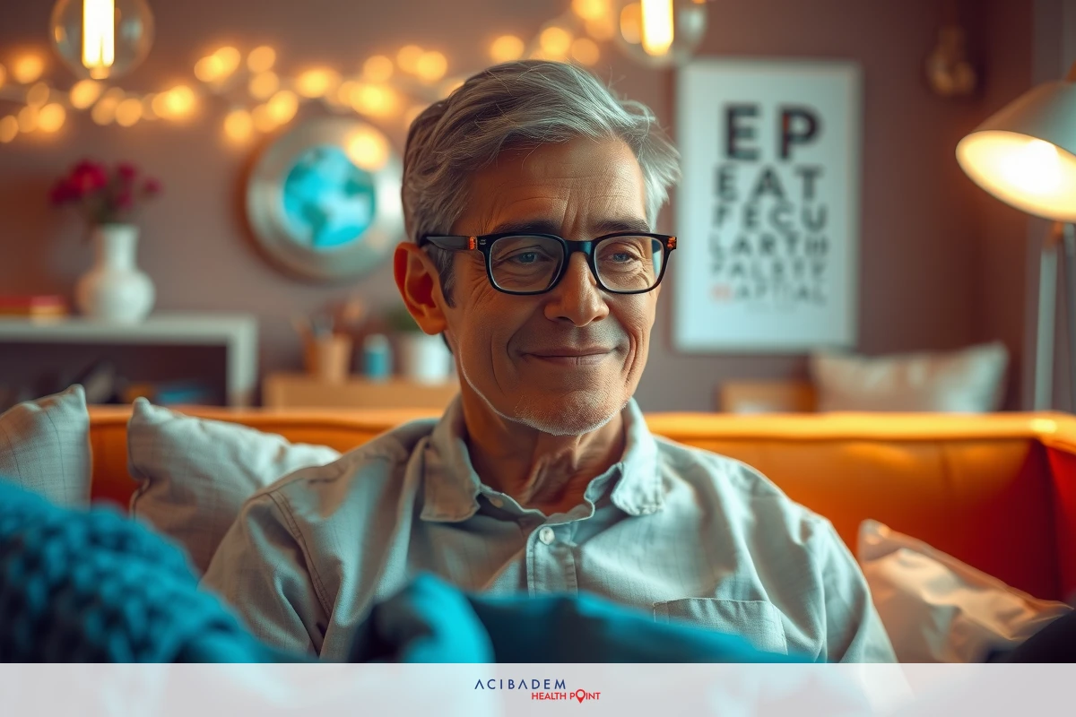 The image shows an older man seated on a couch, wearing glasses and smiling. He is indoors in what appears to be a living room with modern furnishings and decor.