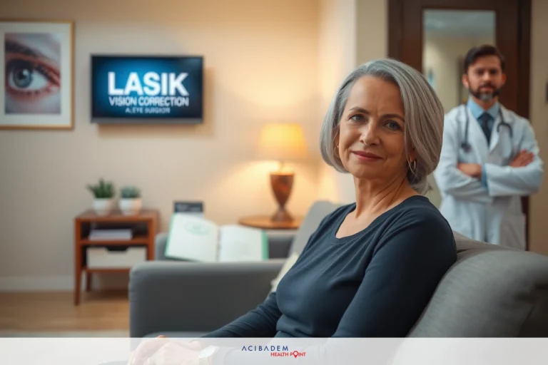 An older woman is seen in an indoor setting, possibly a medical office or waiting room. She appears to be sitting down on a couch with her hands crossed over her lap. A doctor stands near her, possibly explaining the findings of her examination.