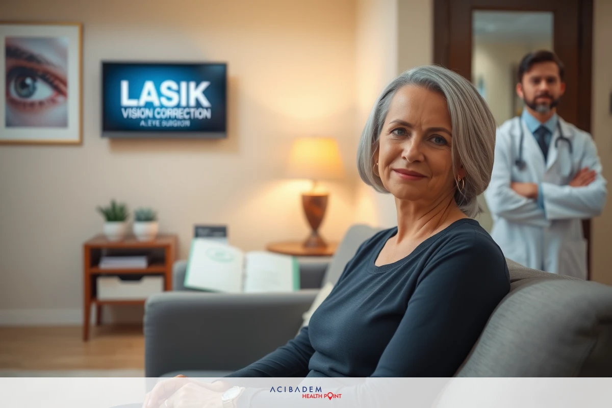 An older woman is seen in an indoor setting, possibly a medical office or waiting room. She appears to be sitting down on a couch with her hands crossed over her lap. A doctor stands near her, possibly explaining the findings of her examination.