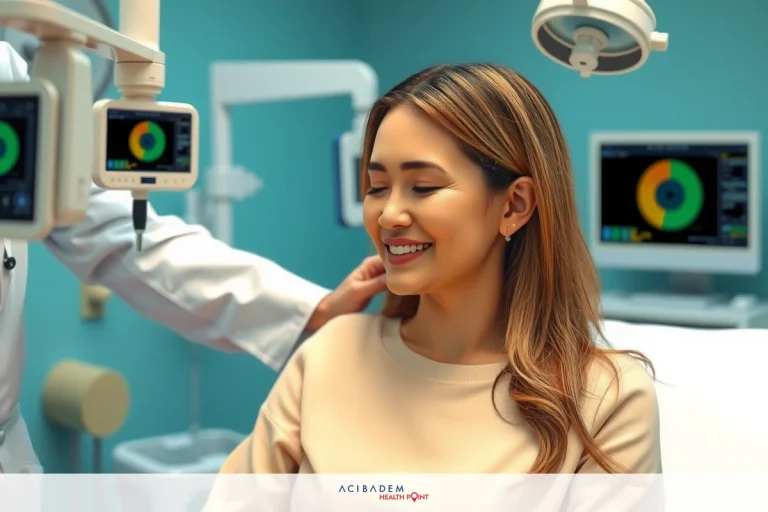 In the image, there is a woman seated in what appears to be a medical office. She is smiling and seems relaxed as she is being examined by a professional in medical attire.