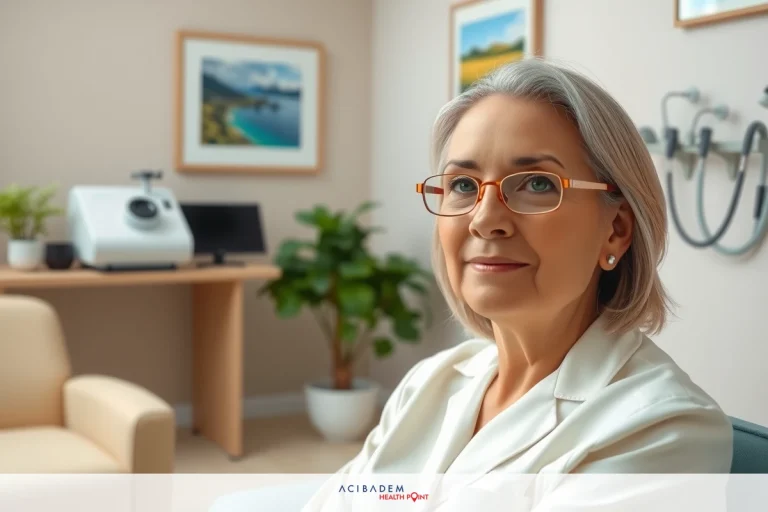 The image shows an older woman sitting in a professional environment, likely an office or clinic. She is wearing glasses and has a warm smile on her face.