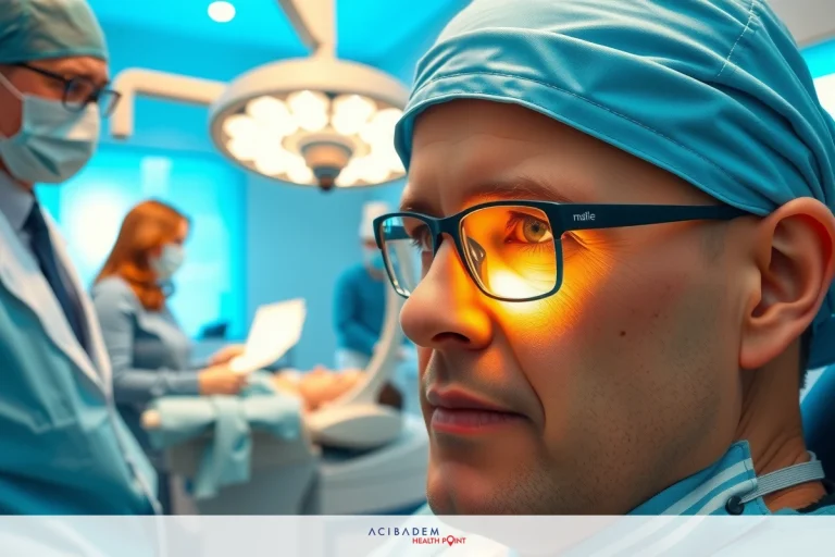 Should I Get LASIK Eye Surgery? The image depicts a medical setting with a person wearing surgical attire, including a hat and gown. The individual appears to be in the process of being examined or treated by medical professionals.