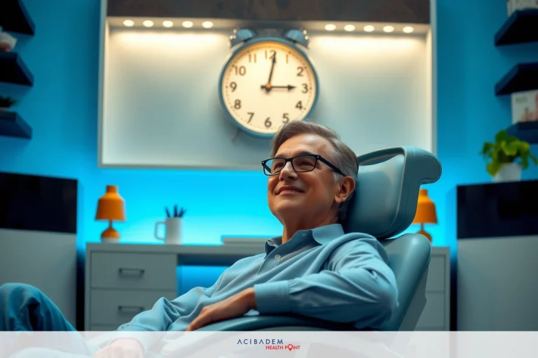 A person sitting in a modern medical chair with a warm blue ambiance, surrounded by minimalistic office decor.