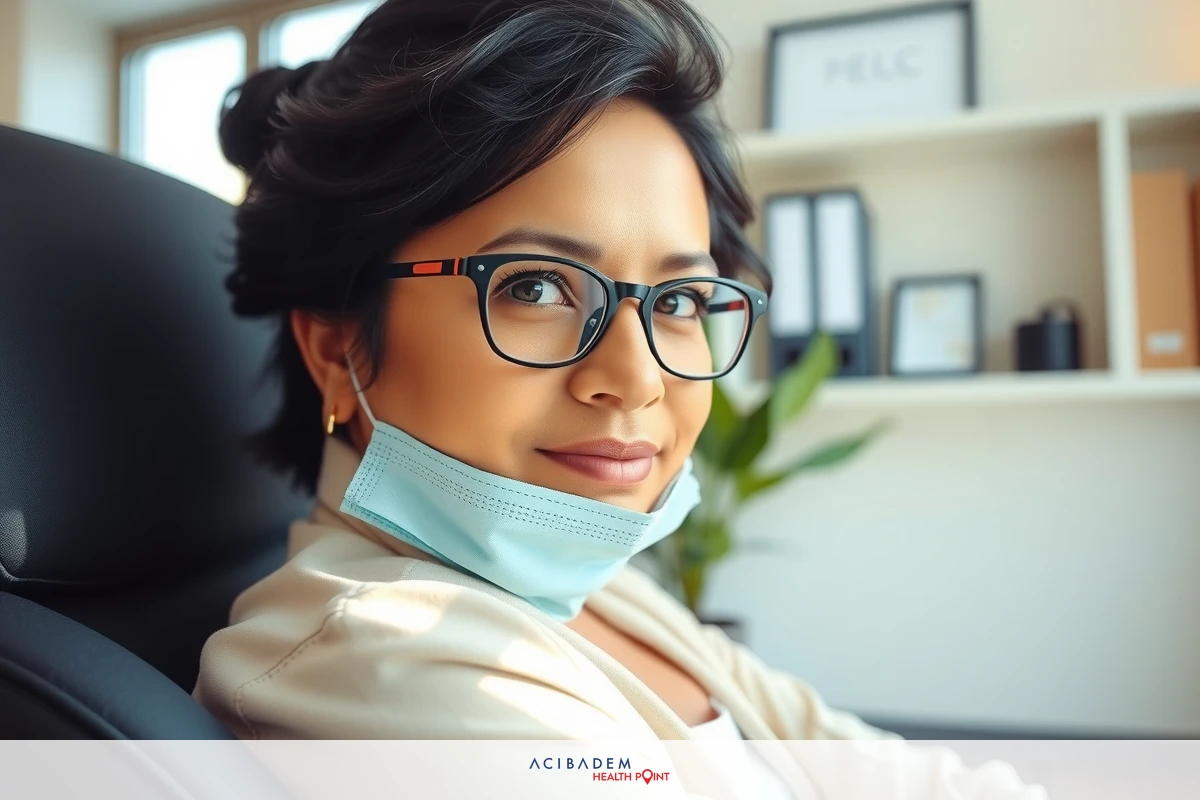 A woman wearing a blue surgical mask and glasses, seated at an office desk with computer equipment. She is smiling while looking to her right.