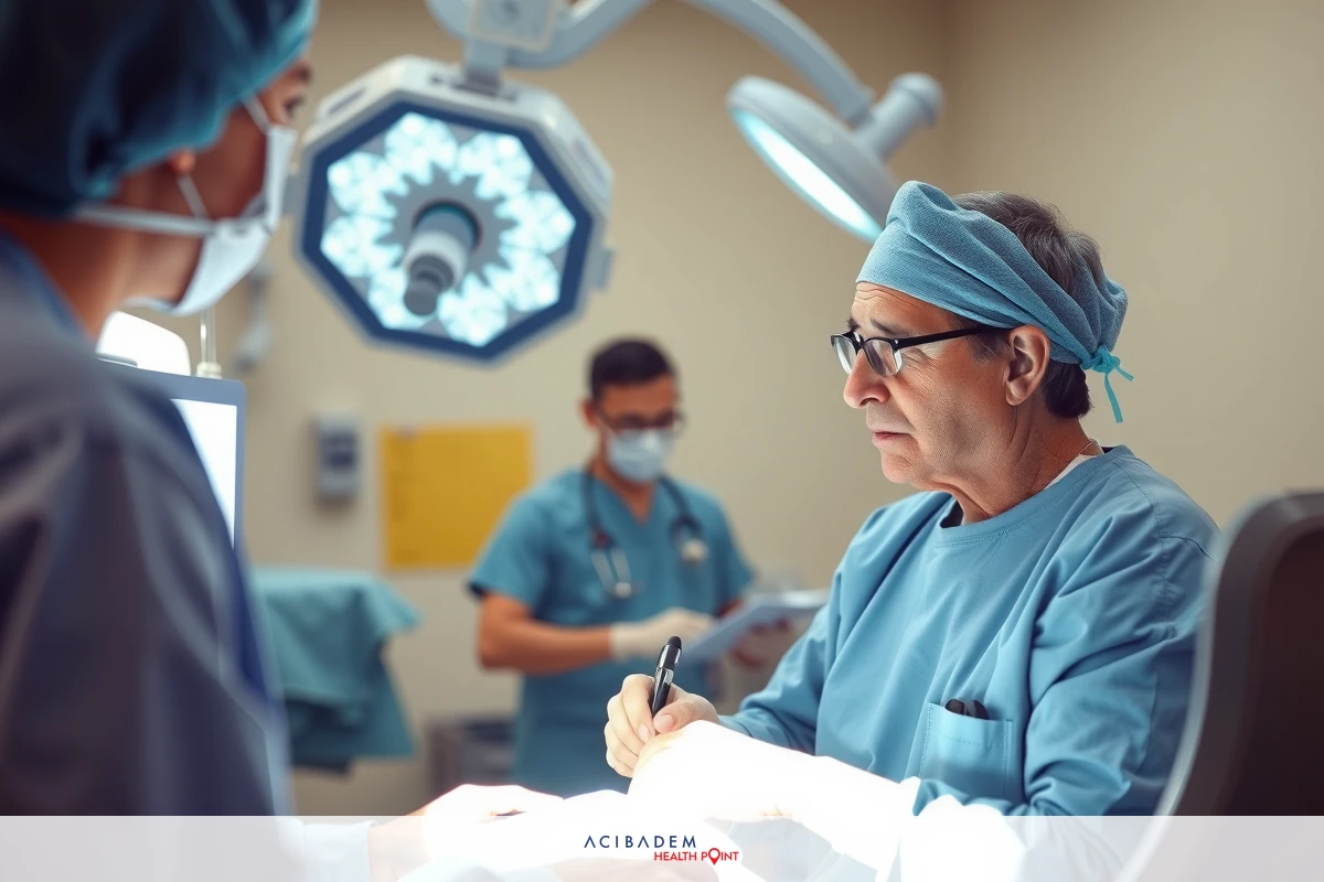 In an operating room, a surgical team in scrubs and face masks surround a patient undergoing surgery. One doctor is attentively reviewing the patient's medical history on a clipboard while another assists with the procedure.