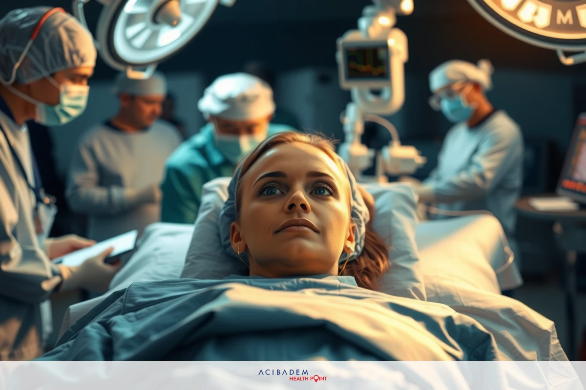 In the image, a person is lying on an operating table inside an operating room. There are medical professionals wearing surgical attire standing around them, preparing for a procedure.