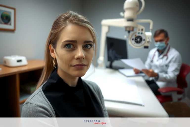 This image depicts a medical office setting. In the foreground, there is a woman seated at a medical chair. She appears to be preparing for or in the midst of a examination.