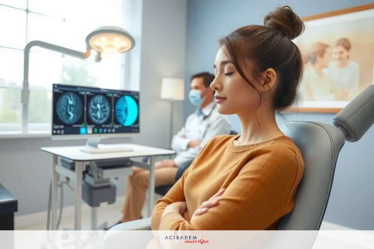 A woman is seated in a medical chair. A doctor examines her eyes using digital tools and equipment including a computer screen displaying medical images.