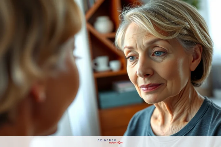 The image shows an older woman with a neutral expression looking at herself in a mirror. She is wearing a casual, dark-colored top.