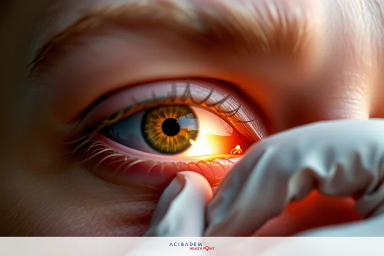 The image depicts a person examining their eye with a medical instrument, possibly a slit lamp. The focus is on the individual's eye and the device being used for the examination.