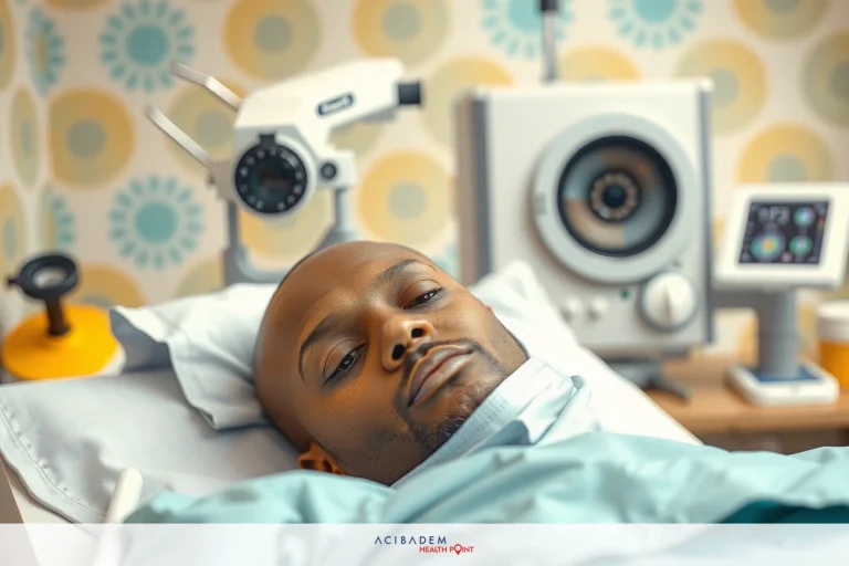Man lying down on a hospital bed, looking up at the camera. Surrounded by medical equipment including monitors.