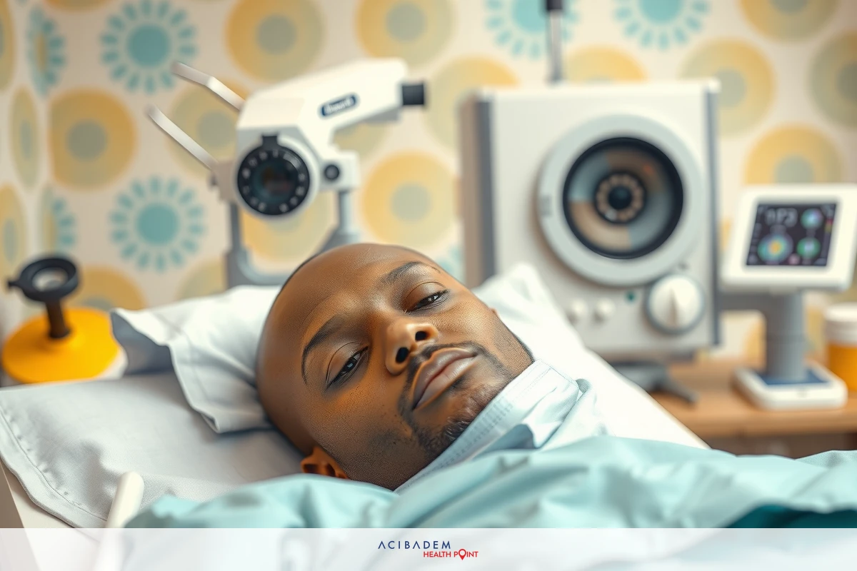 Man lying down on a hospital bed, looking up at the camera. Surrounded by medical equipment including monitors.