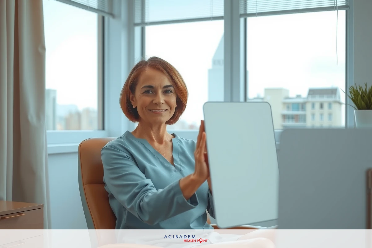 The image shows a woman sitting at an office desk with a modern and sleek interior. She is holding what appears to be a tablet or piece of paper, smiling towards the camera, possibly in a professional environment, indicating a positive business setting.