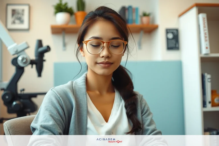 Am I Eligible for LASIK Eye Surgery? The image shows a woman seated at a desk in what appears to be an office setting. She is wearing glasses and has her eyes closed, possibly concentrating or resting.