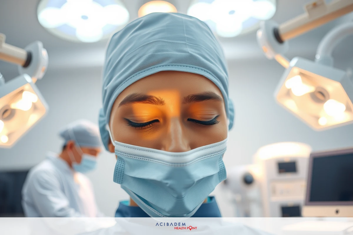 A medical professional, likely a surgeon, standing in an operating room. They are wearing surgical scrubs and a face mask, with their eyes closed as they prepare for a procedure.