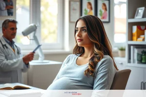 A pregnant woman in a blue shirt is seated at a doctor's office, being checked by a physician. The office setting includes medical equipment and framed posters on the wall.