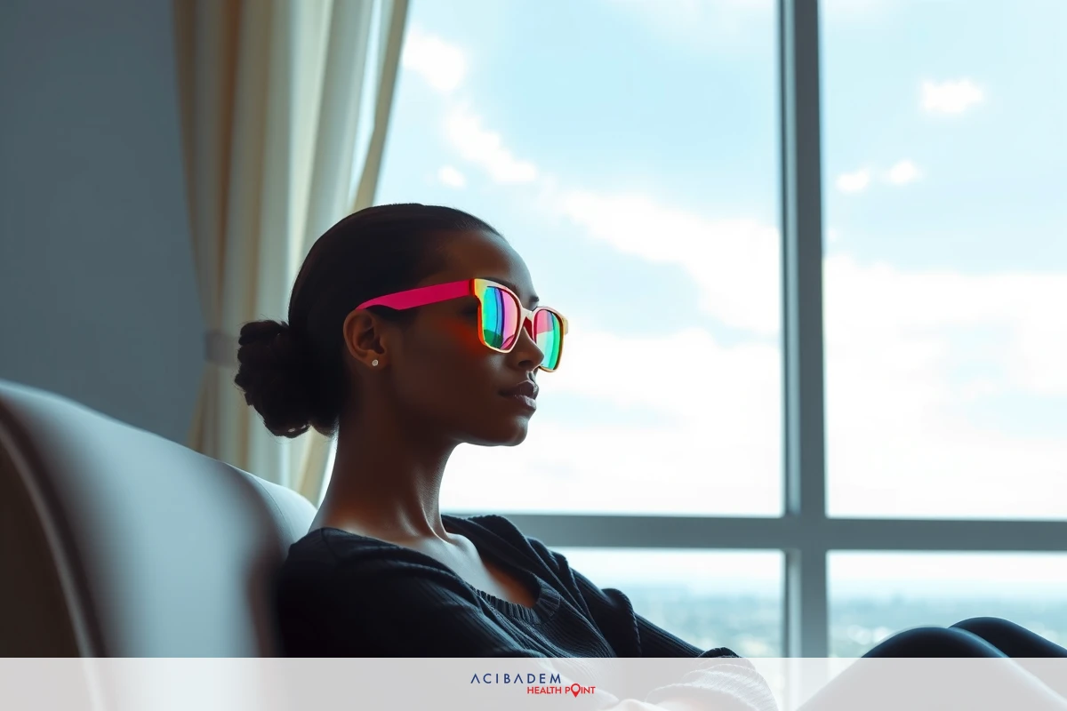 A woman with colorful sunglasses, sitting in a modern chair and looking out of a window that overlooks a city skyline.