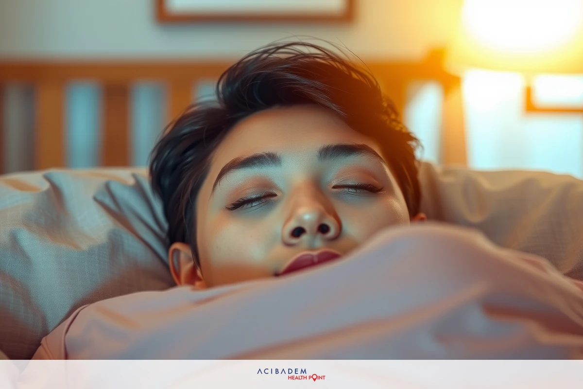 A young person lying in bed with closed eyes, seeming to be resting or asleep. The person has short dark hair and is wearing a light-colored shirt. There's dim ambient lighting suggesting it might be evening or nighttime.