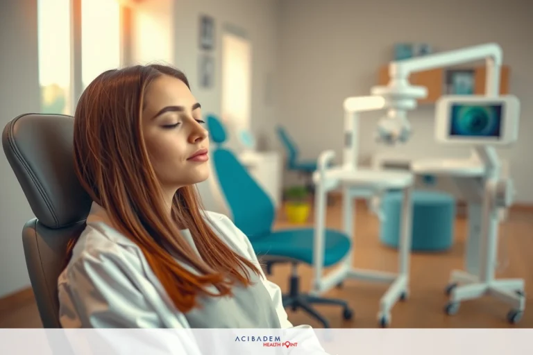 The image depicts a medical office setting. In the center, there is a woman with her eyes closed as if she is relaxed or possibly sleeping. She has shoulder-length hair and appears to be wearing casual attire.