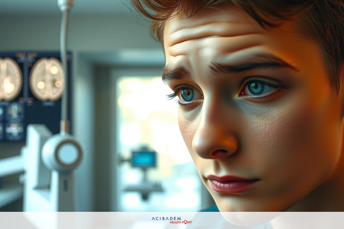 In the image, a young adult is seated on a medical examination table. The individual appears to be in a state of concern or confusion. Surrounding the person are various medical equipment and screens.