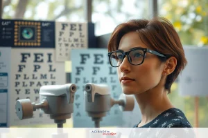 The image depicts a woman in an indoor setting, focused on her work at an eye examination station. She is wearing glasses and appears to be using an optical instrument to conduct an eye exam.