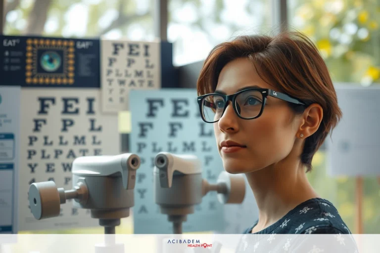 The image depicts a woman in an indoor setting, focused on her work at an eye examination station. She is wearing glasses and appears to be using an optical instrument to conduct an eye exam.
