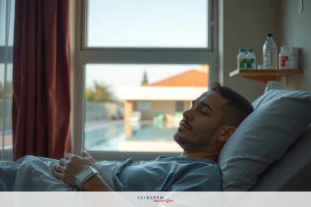 Man lying in bed looking out window. Bright daytime outside with clear skies and warm weather suggested by attire and setting.