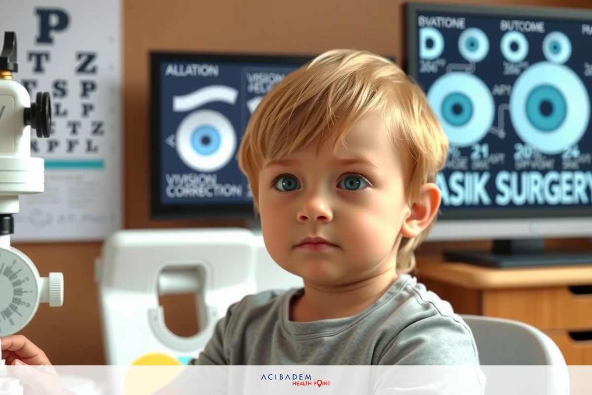 A young child sitting at an ophthalmologist's office, looking intently ahead. The room has medical equipment and charts.