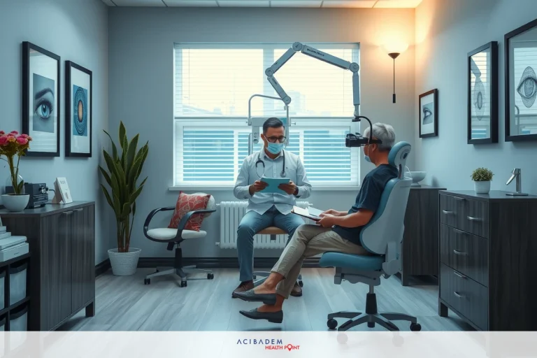 Can You Get LASIK If Your Eyes Are Still Changing? In an image depicting a professional environment, likely a medical office, we see two individuals seated in front of each other. The person on the left is wearing blue scrubs and has their face to us, suggesting they may be the healthcare provider. On the right, there's another individual facing towards the camera prabably a patient. The room is well-lit with natural light filtering in from windows dressed with blinds. There are various medical and office equipment visible.
