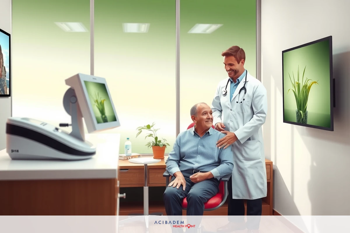 The image depicts an indoor scene within a medical office. There is an older gentleman seated on the left side of the frame, appearing to receive medical attention from another individual dressed in a white coat, indicating a healthcare professional role. The environment includes digital monitors displaying various types of information. The color palette is neutral with shades of green and blue dominating the space.