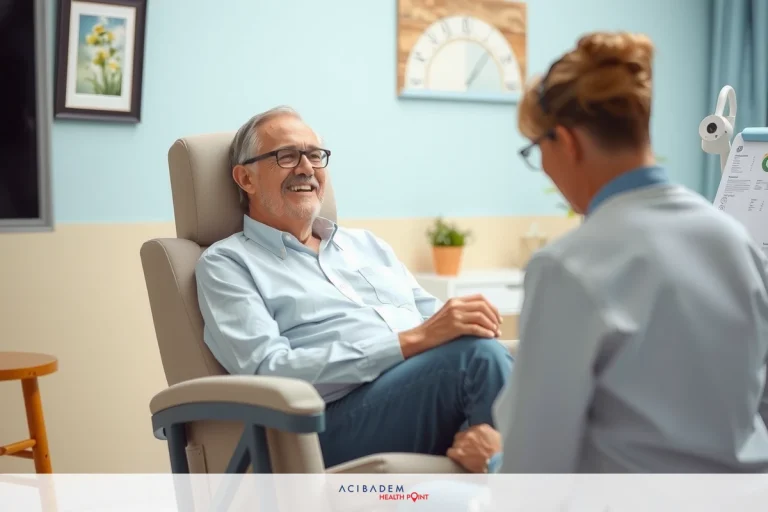 An older man sits in a hospital bed, wearing glasses and smiling at the nurse standing by his side. The room has a calming color scheme with blues, greens, and neutral tones.