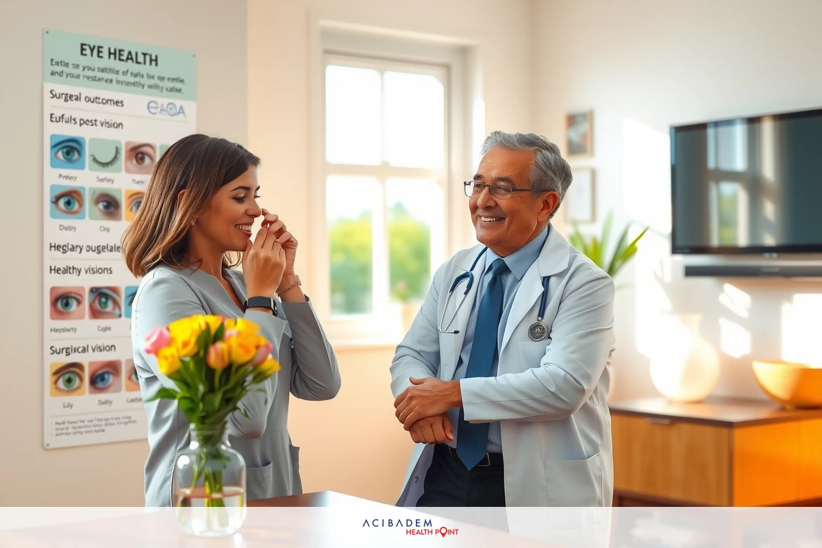 A doctor and a patient in an eye care office. The doctor is wearing a white coat, smiling while the woman is sitting, seemingly receiving advice or treatment.