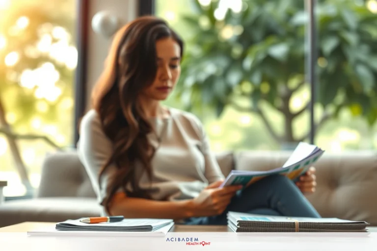The image depicts a woman sitting on a couch, engaged in reading a book or magazine. She is dressed in casual attire and appears relaxed as she holds the publication with both hands. The setting suggests a modern interior with natural light coming through the windows, casting soft shadows on the furniture.