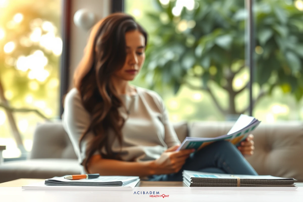 The image depicts a woman sitting on a couch, engaged in reading a book or magazine. She is dressed in casual attire and appears relaxed as she holds the publication with both hands. The setting suggests a modern interior with natural light coming through the windows, casting soft shadows on the furniture.