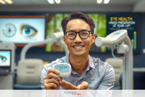 A man in glasses and a blue shirt is holding a device between his hands, likely a healthcare or medical gadget given the context of an eye clinic with visible optometry equipment and digital screens in the background. The image suggests promotional or informational content related to technology and healthcare services.