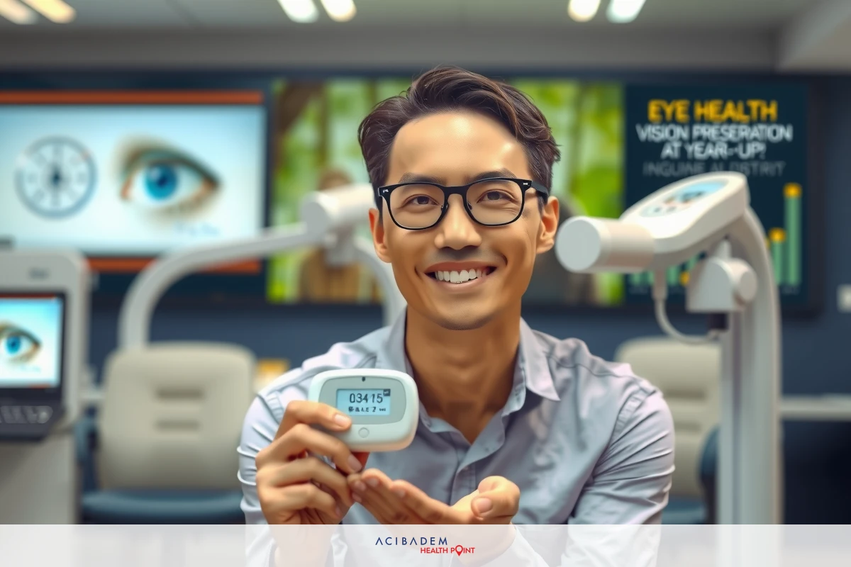 A man in glasses and a blue shirt is holding a device between his hands, likely a healthcare or medical gadget given the context of an eye clinic with visible optometry equipment and digital screens in the background. The image suggests promotional or informational content related to technology and healthcare services.